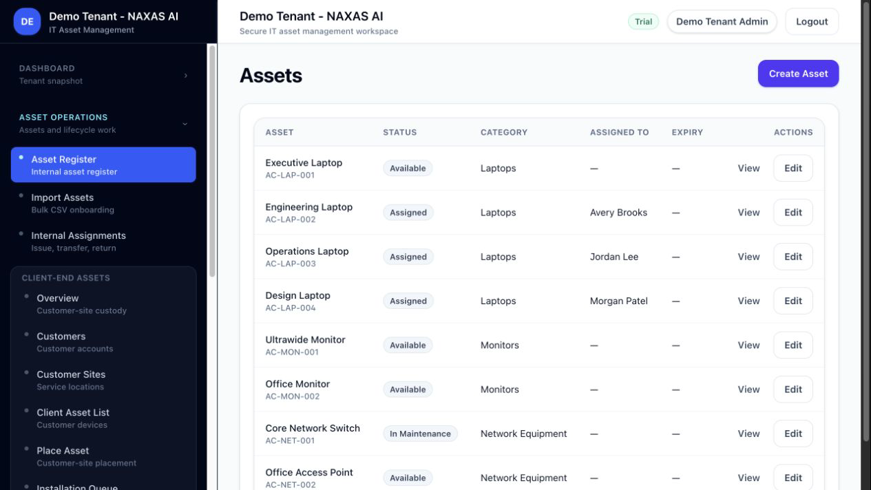 AssetCloud asset register populated with synthetic demonstration data